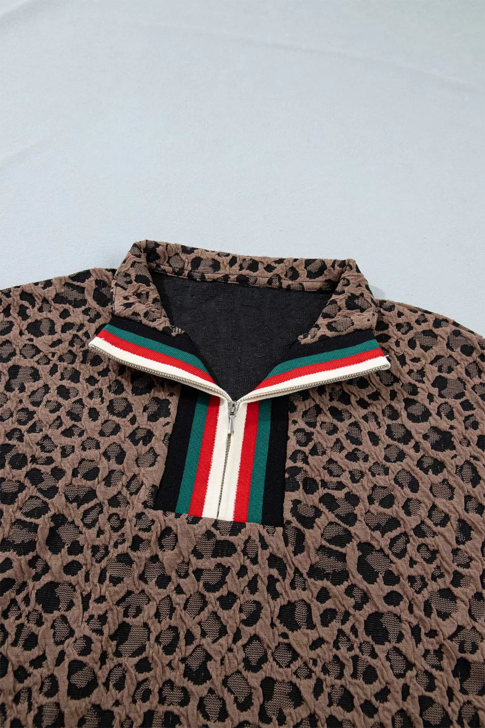 Leopard Jacquard Striped Patchwork Half Zip Short Sleeve Blouse New Era Fashion LLc