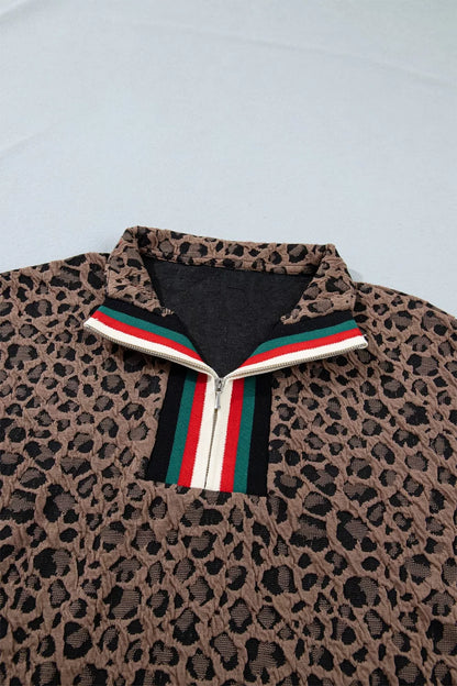 Leopard Jacquard Striped Patchwork Half Zip Short Sleeve Blouse New Era Fashion LLc