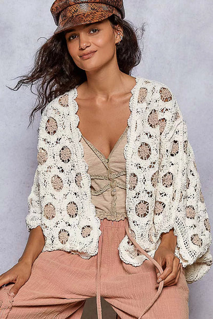 POL Openwork V-Neck Chenille Cardigan with Contrast Floral West2East Surf