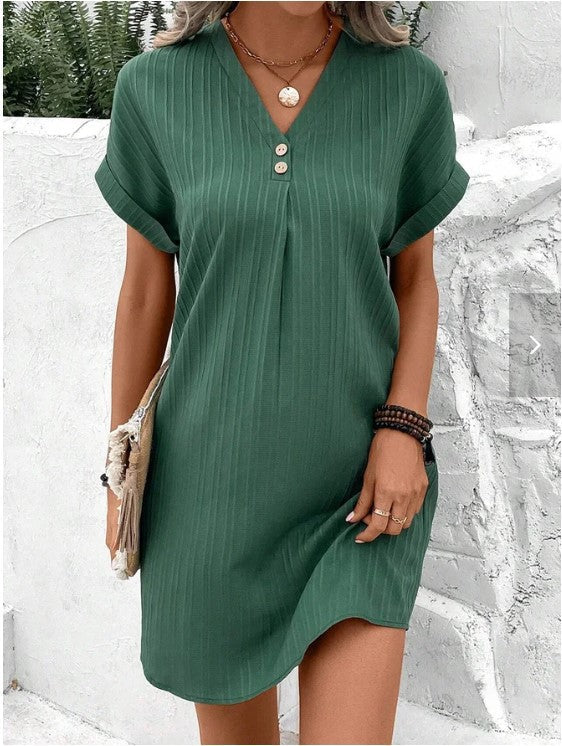 Button-Front V-Neck Dress – Short Sleeve Solid Casual Shirt Dress FitiqueFit