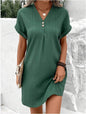 Button-Front V-Neck Dress – Short Sleeve Solid Casual Shirt Dress FitiqueFit