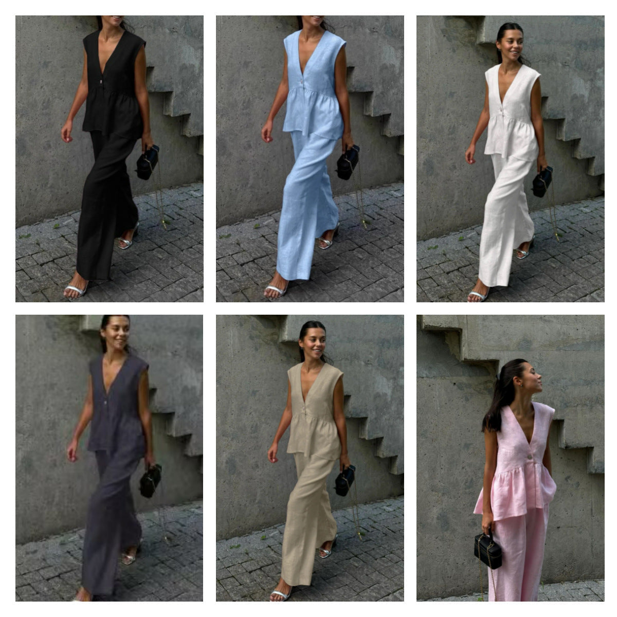 Women’s Cotton V-Neck Sleeveless Vest and Wide-Leg Pants Set FitiqueFit