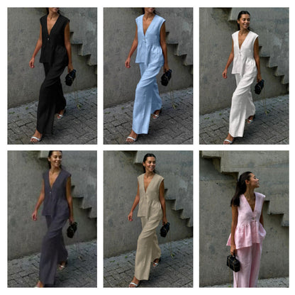 Women’s Cotton V-Neck Sleeveless Vest and Wide-Leg Pants Set FitiqueFit