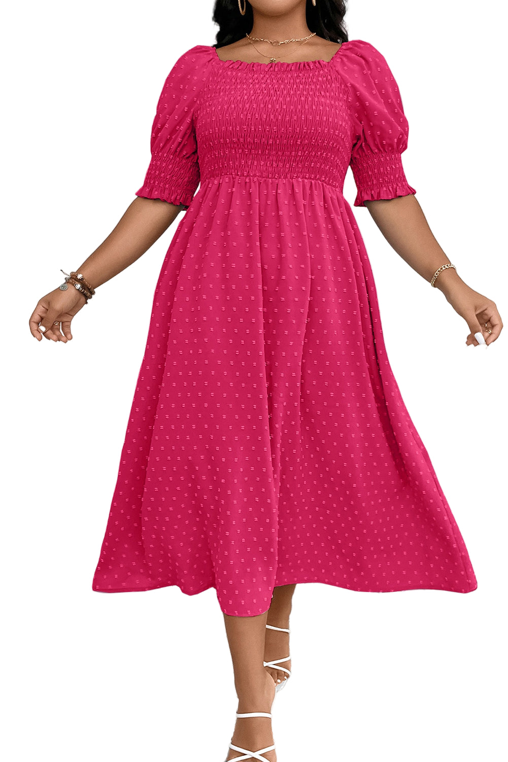 Wisteria Swiss Dot Smocked Frilled Neckline Short Sleeve Plus Size Dress Garden Naked Curves