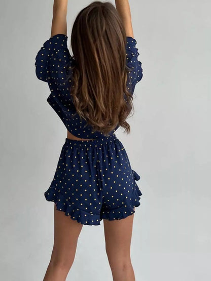 Printed Crop Top and Ruffled Shorts Lounge Set New Era Fashion LLc