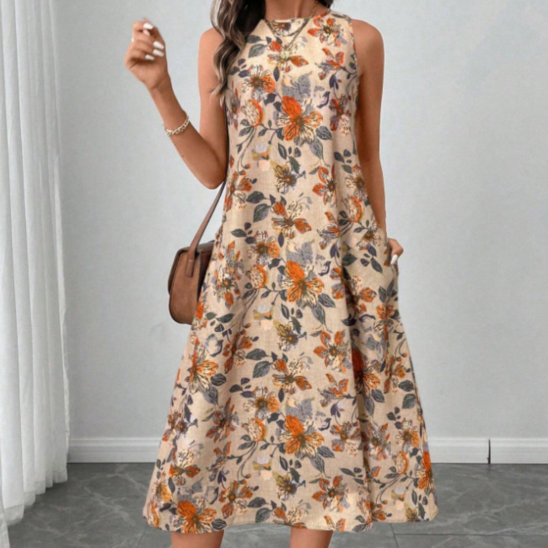 Floral Print A-Line Midi Dress with Pockets | Boho Vintage FitiqueFit