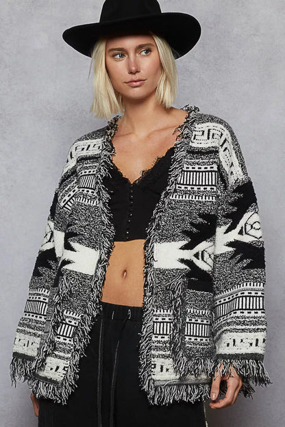POL Open Front Geometric Print Cardigan with Fringe Detail FitiqueFit