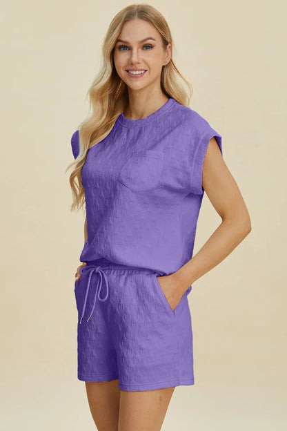 Double Take Full Size Pocketed Texture Round Neck Top and Shorts Set West2East Surf