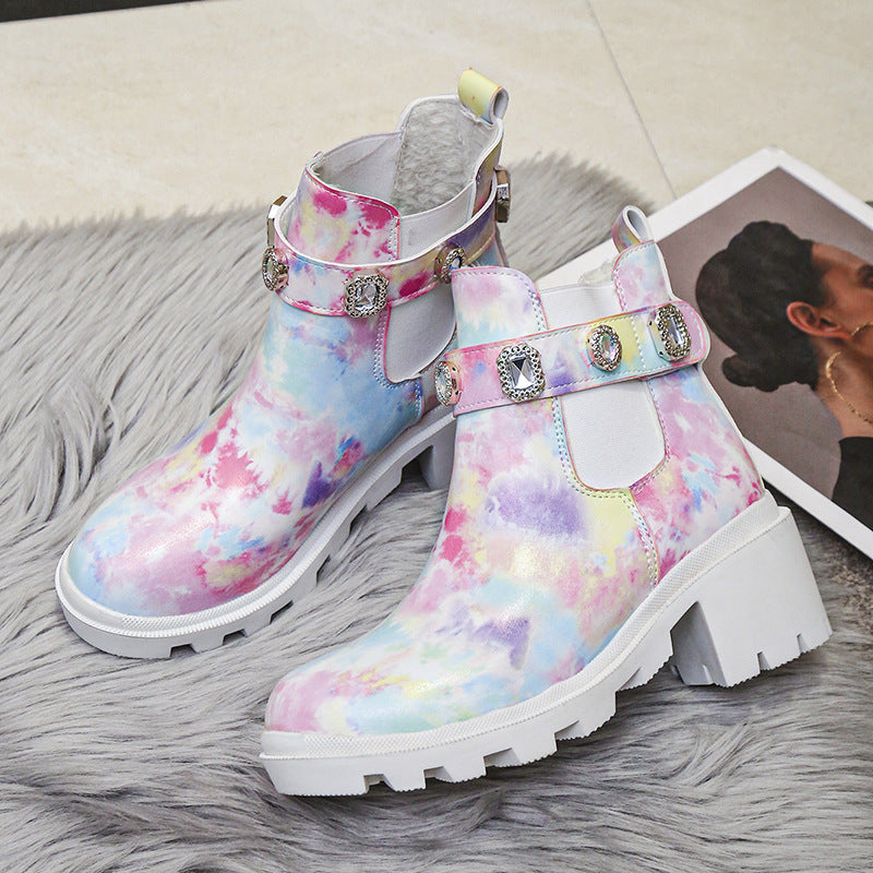 Euro-American Fashion Rhinestone Chunky-heel Trendy Boots See size chart under “more details” The Fashion Celestial