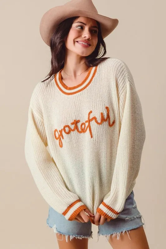 SO ME Thanksgiving Grateful Lettering Stitch Sweater West2East Surf