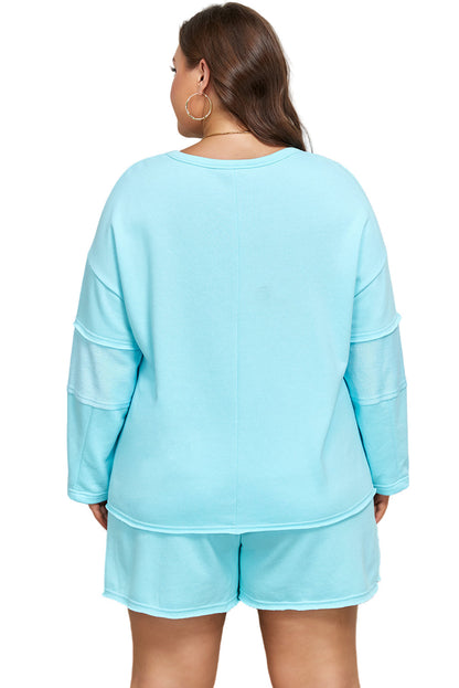 Aruba Blue Plus Size Solid Color Splicing Raw Hem Pullover Top Shorts Set Garden Naked Curves