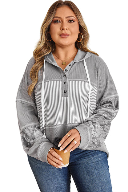 Gray Mixed Pattern Waffle Knit Patchwork Half Buttons Plus Hooded Top Garden Naked Curves
