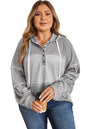 Gray Mixed Pattern Waffle Knit Patchwork Half Buttons Plus Hooded Top Garden Naked Curves