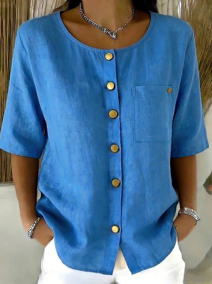 Crew-Neck 3/4 Sleeve Shirt with Metal Buttons – 7 Colors, S–3XL FitiqueFit