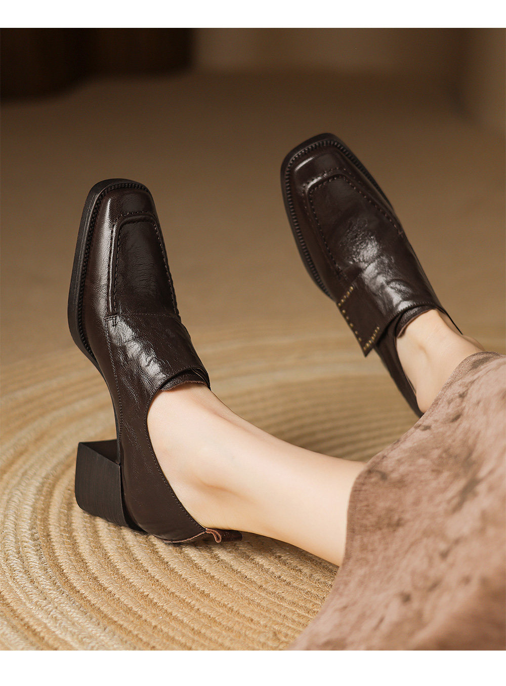 Women's British Style Square Toe Chunky Heel Pumps – Deep Vamp Studded FitiqueFit