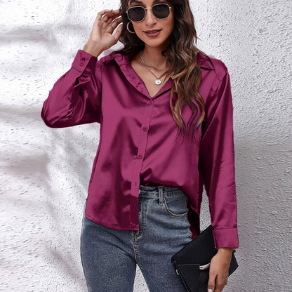 Hot Style In-Kind Shooting Satin Shirt Women'S Satin Imitation Long-Sleeved Shirt New European And American Cross-Border Women'S Clothing NovaCart