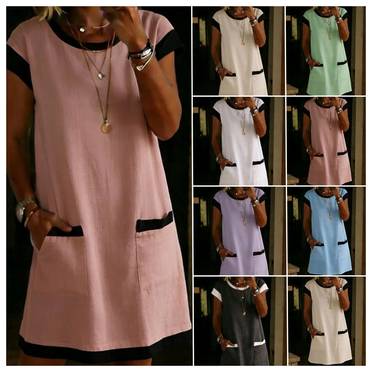 Women's Color-Block T-Shirt Mini Dress – Pocket Straight Cut FitiqueFit