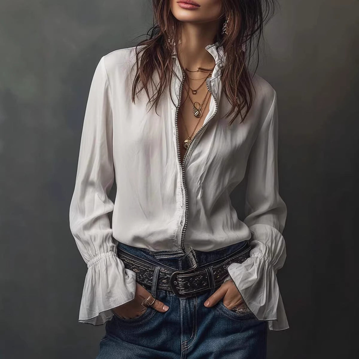 Women's Ruffled Sleeve Resort Shirt – Stretch Casual Long Blouse FitiqueFit