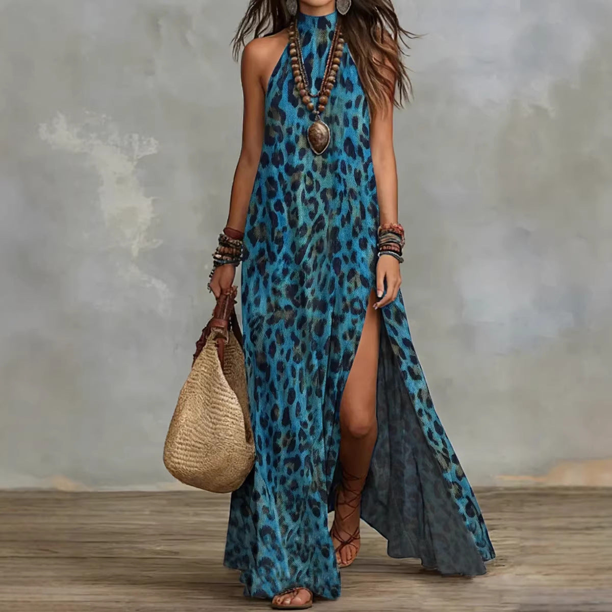Women's Printed Scarf-Style Maxi Dress – Sleeveless, Split, Loose Boho FitiqueFit