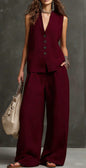 Women's Linen Sleeveless Vest & Wide-Leg Pants Two-Piece Set FitiqueFit