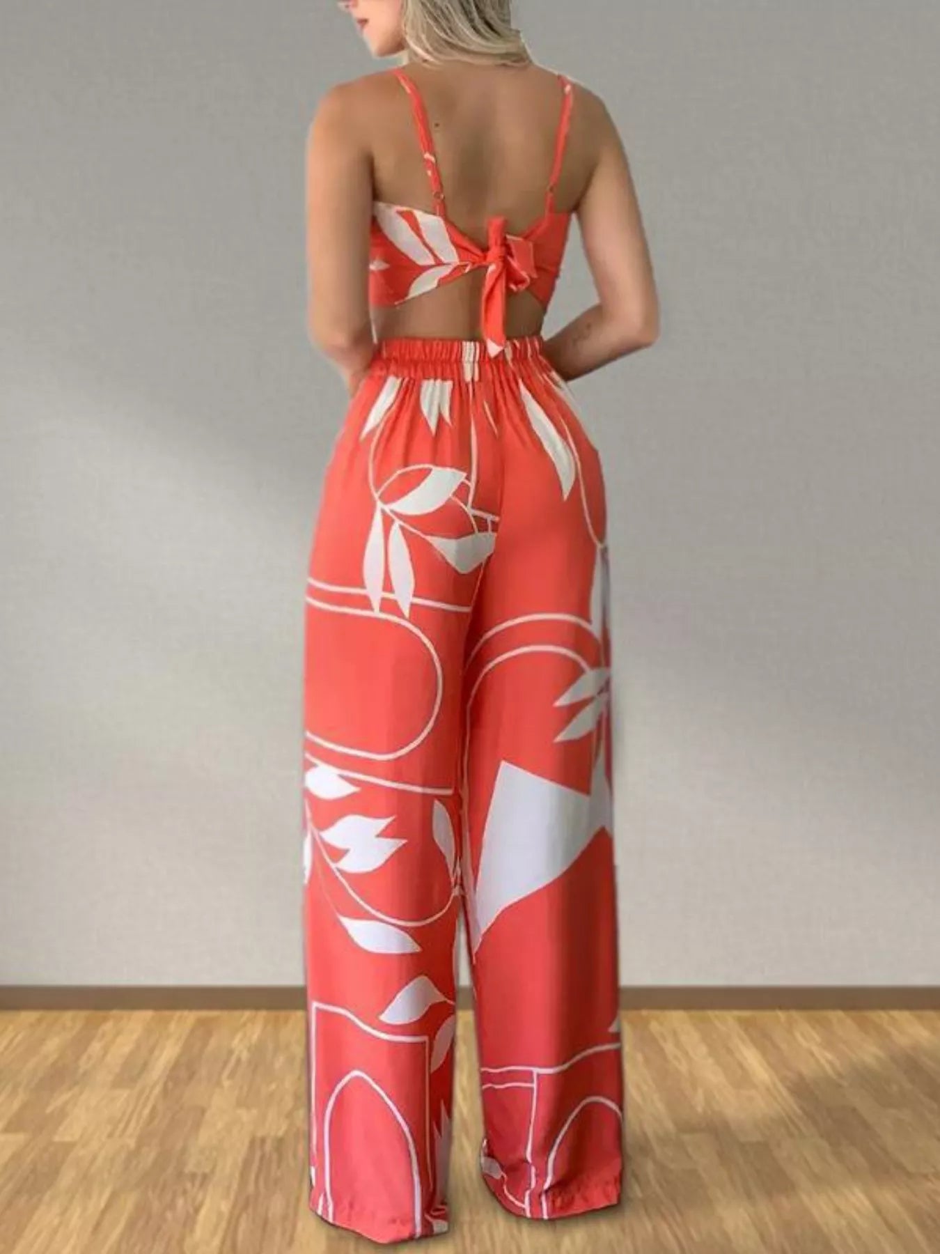 Tropical Print Spaghetti Strap Crop Top and Wide Leg Pants Set New Era Fashion LLc