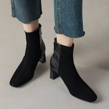 Women's Sheepskin Square Toe Chunky Heel Ankle Boots – Korean Patchwork Style FitiqueFit