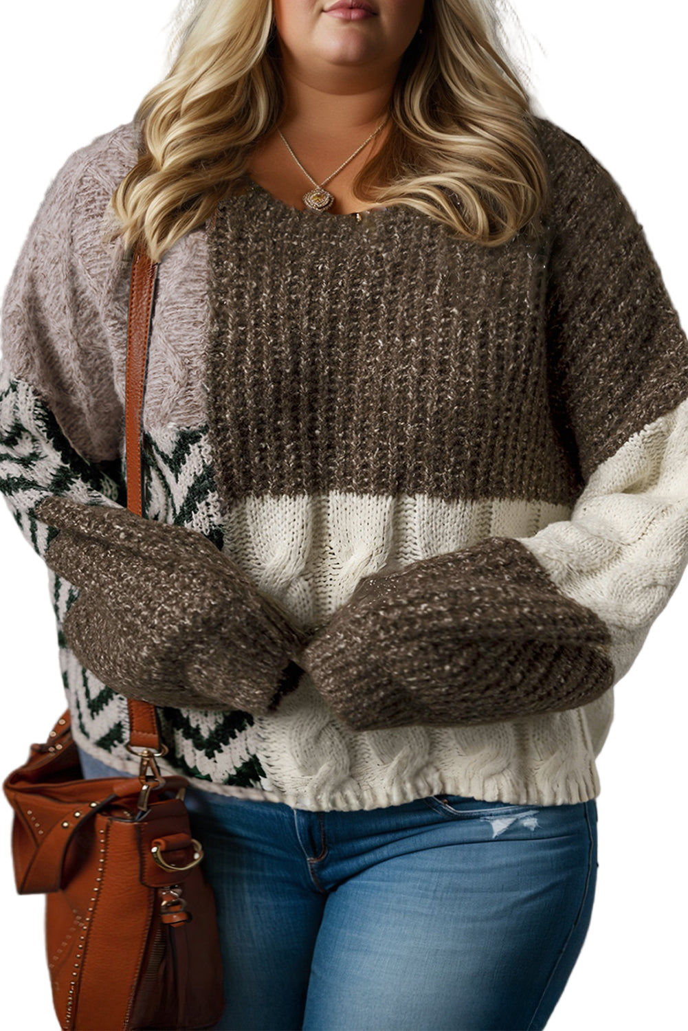 Brown Plus Size Color Block Patchwork Knotted Back Loose Fit Sweater Garden Naked Curves