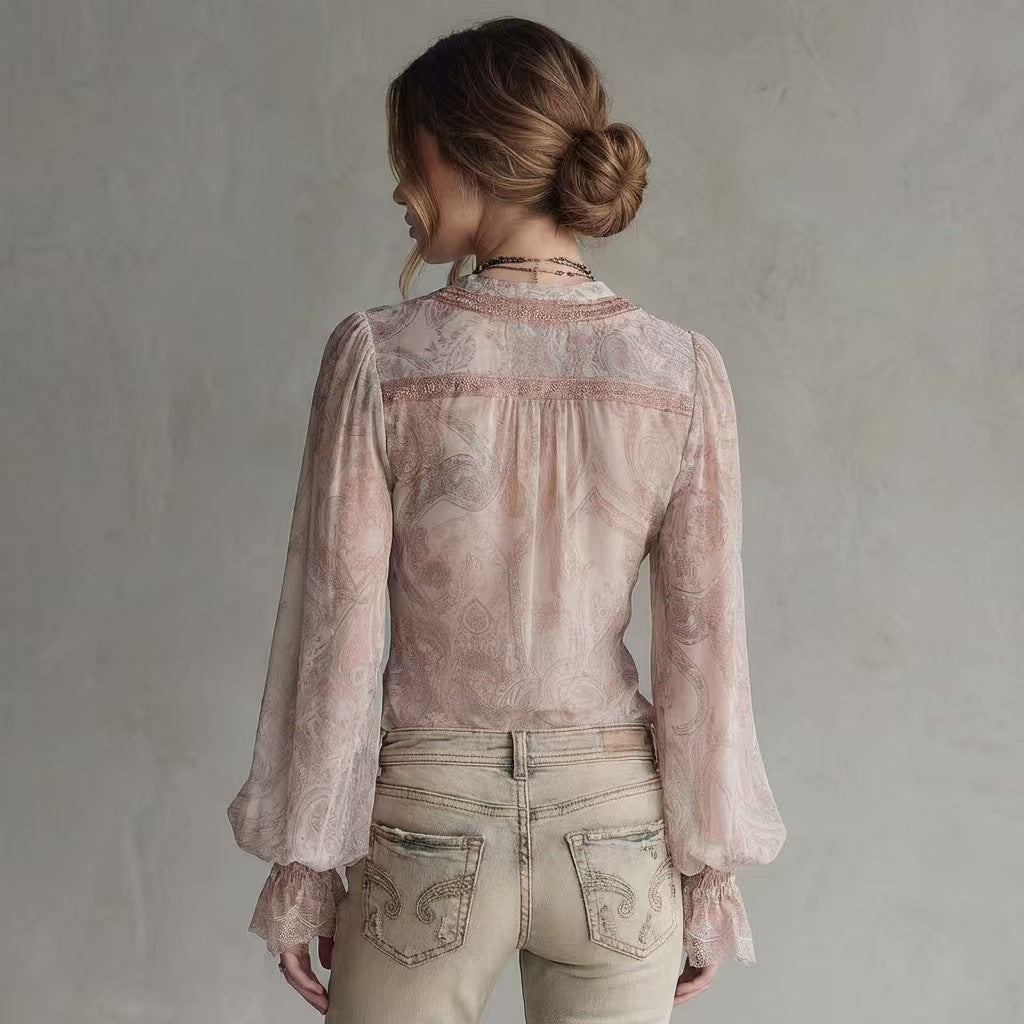 Women's Lace Flared Sleeve Fake Two-Piece Knotted Top FitiqueFit