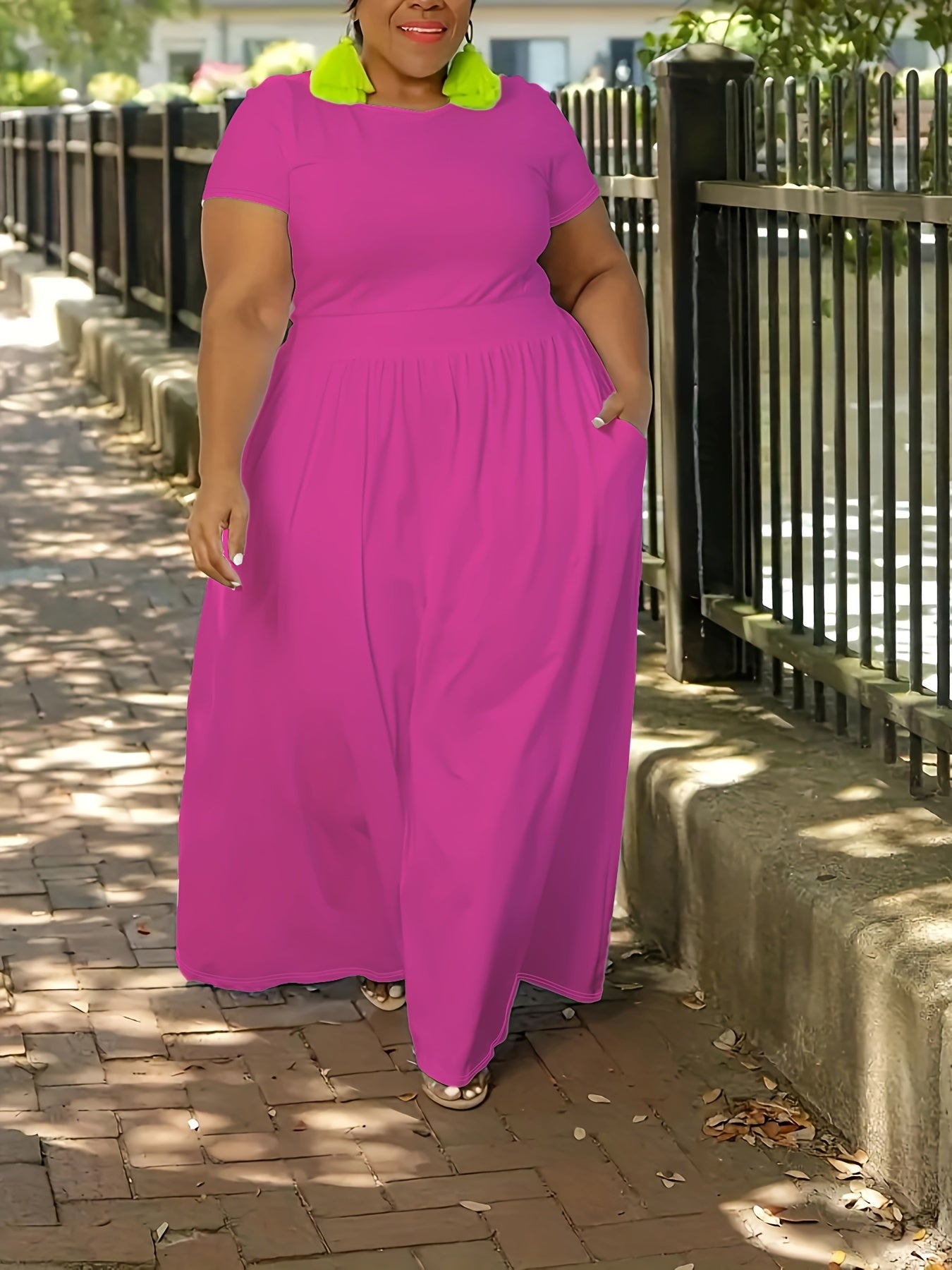 Plus Size Solid Short Sleeve Maxi Dress, Women's Plus Medium Stretch Elegant Long Dress NovaCart
