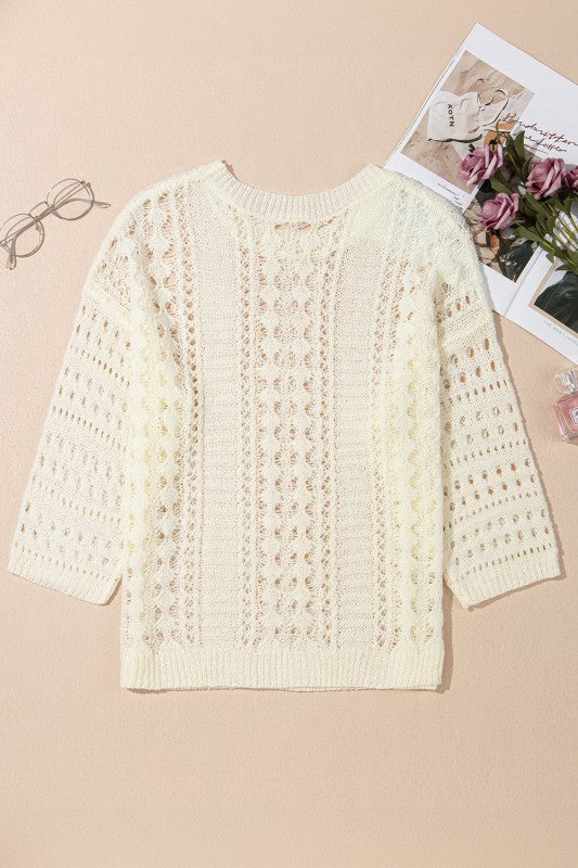 Hollow Out Knit 3/4 Drop Shoulder Sweater Shop Style & More | Fresh Looks, Everyday Deals & Free Shipping