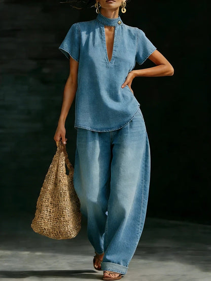 Faux Denim Two-Piece Set – Loose-Fit Short-Sleeve & Pants FitiqueFit