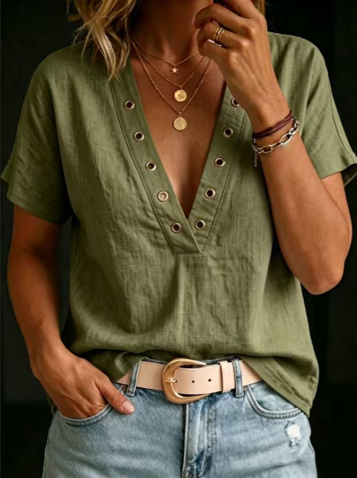 Women's V-Neck Short-Sleeve Loose-Fit Linen Shirt FitiqueFit