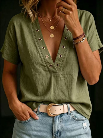 Women's V-Neck Short-Sleeve Loose-Fit Linen Shirt FitiqueFit