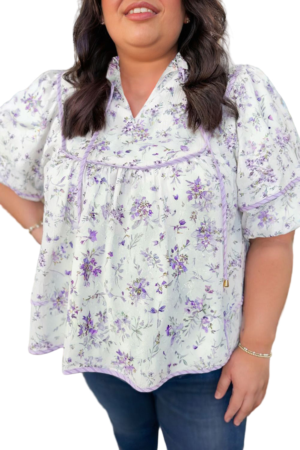 Purple Floral Print Split Neck Plus Size Top Garden Naked Curves