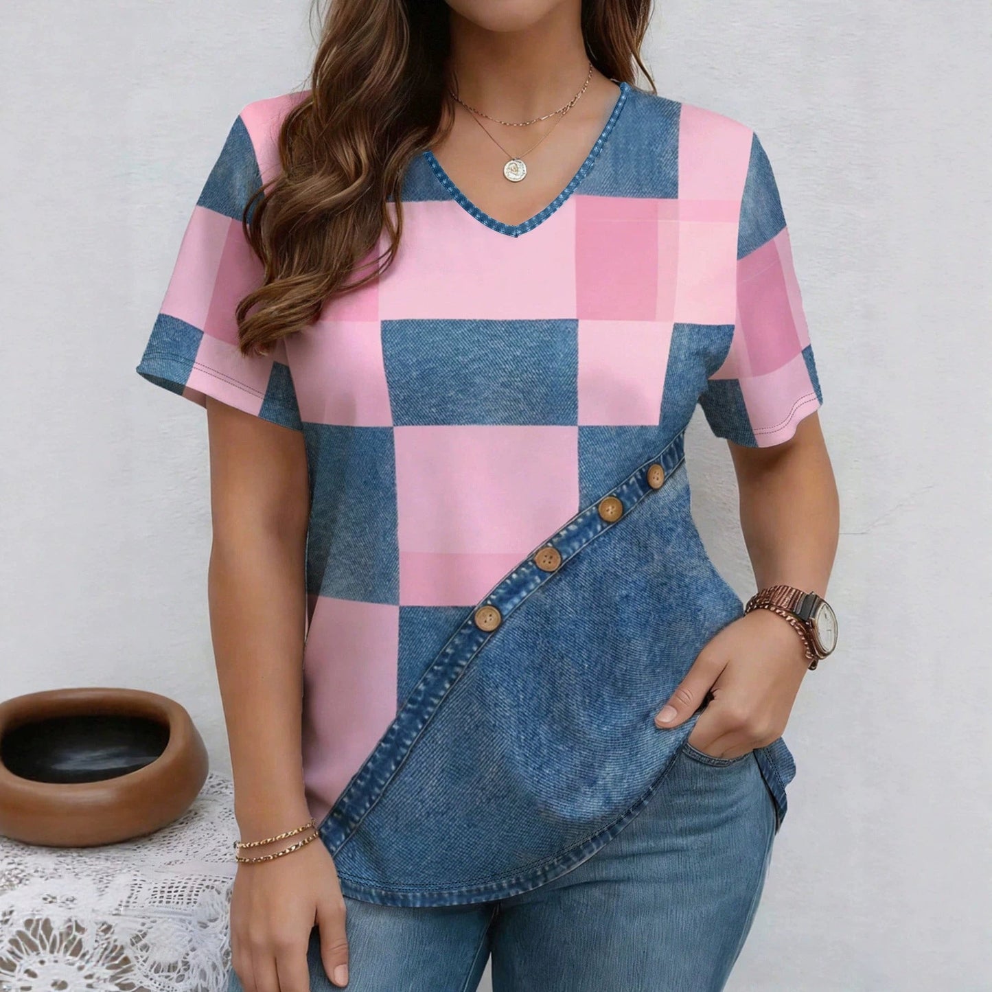 V-Neck Denim Print Short Sleeve T-Shirt | Loose Casual Tee FitiqueFit