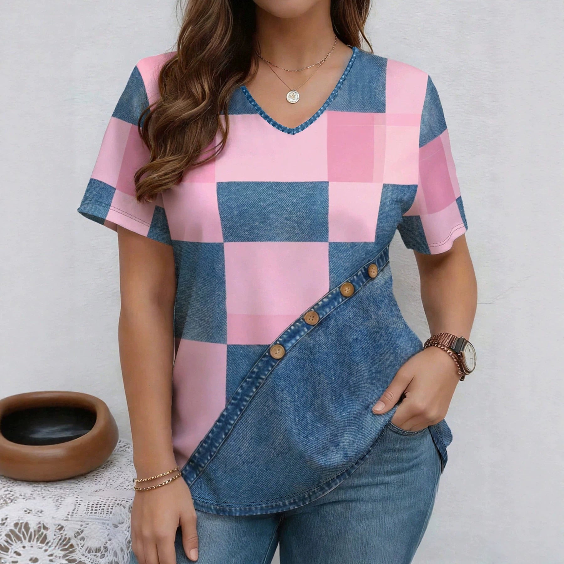 V-Neck Denim Print Short Sleeve T-Shirt | Loose Casual Tee FitiqueFit