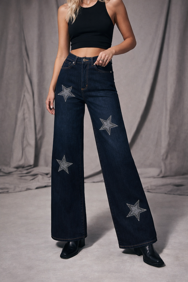 Star Rhinestones Wide Leg Jea GJG DENIM