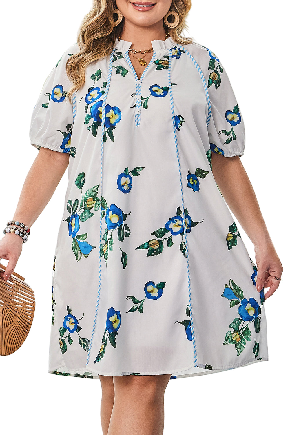 White Plus Size Floral Short Puff Sleeve Contrast Tie V Neck Dress Garden Naked Curves