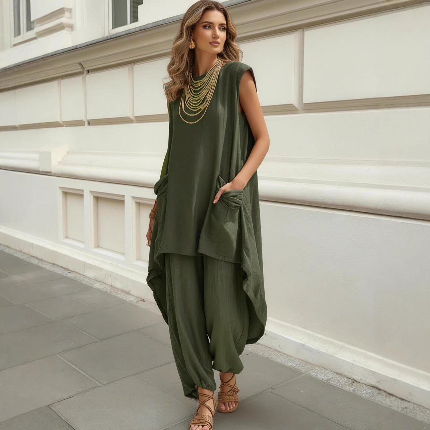 Sleeveless 3D-Cut Resort Two-Piece Set | Top & Pants FitiqueFit