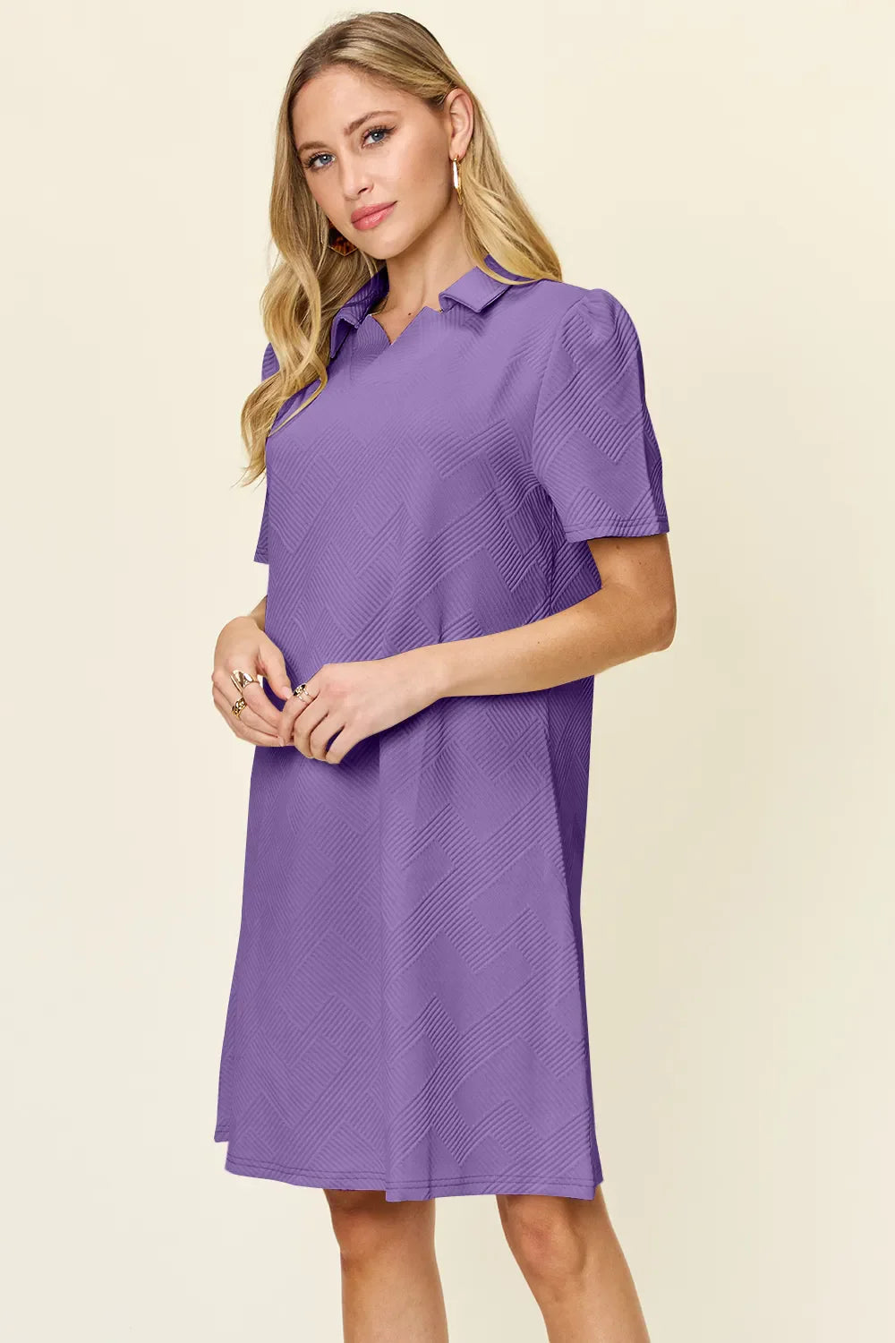 Double Take Full Size Texture Collared Neck Short Sleeve Dress West2East Surf
