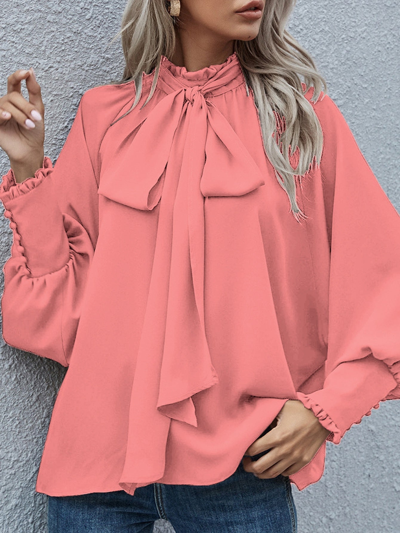 Ins Long-sleeved Blouse Bowknot Puff Sleeves Fashion Commuter Office Tops Women's Clothing See size chart under “more details” The Fashion Celestial
