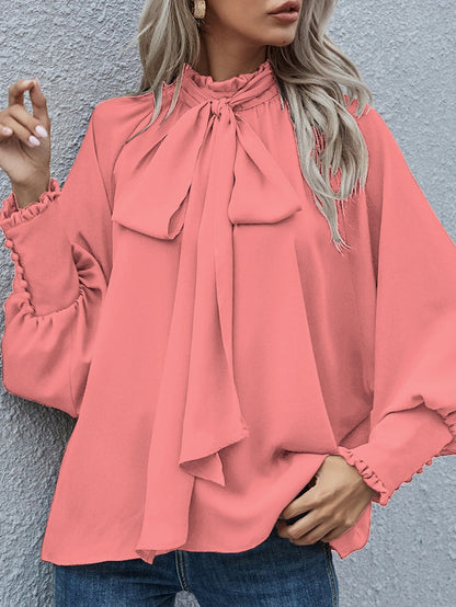 Ins Long-sleeved Blouse Bowknot Puff Sleeves Fashion Commuter Office Tops Women's Clothing See size chart under “more details” The Fashion Celestial