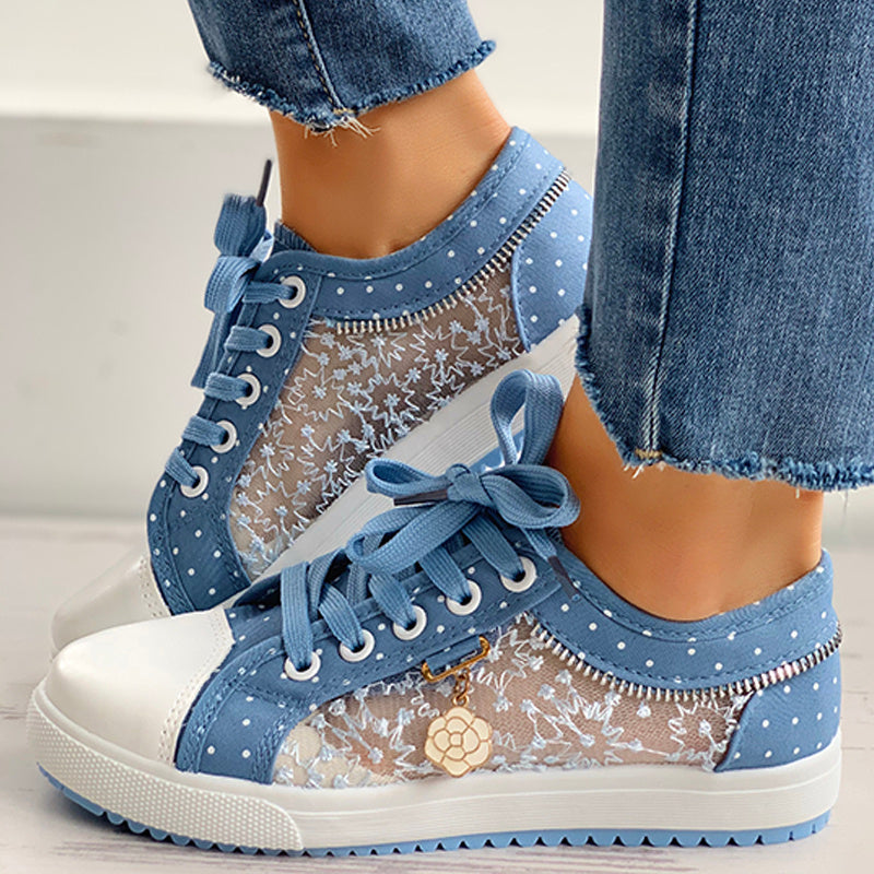 Floral Embroidered Polka Dot Print Sneakers — Women’s Casual Canvas Shoes FitiqueFit