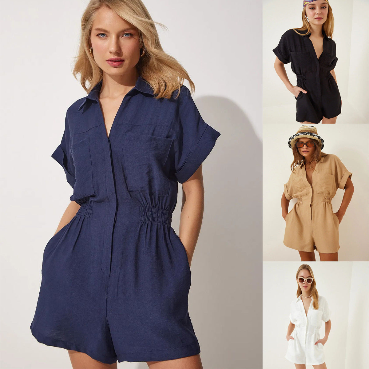 Women's Cotton Linen Loose-Fit Workwear Jumpsuit With Pockets FitiqueFit
