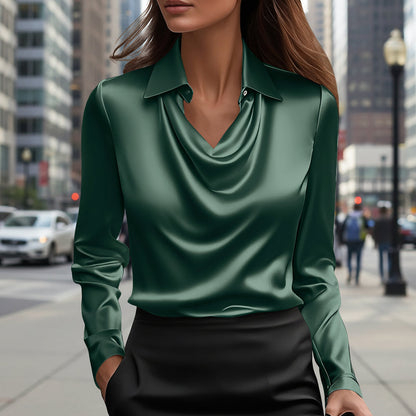 Long Sleeve Satin Swing Collar Top | Elegant Commuter Shirt FitiqueFit