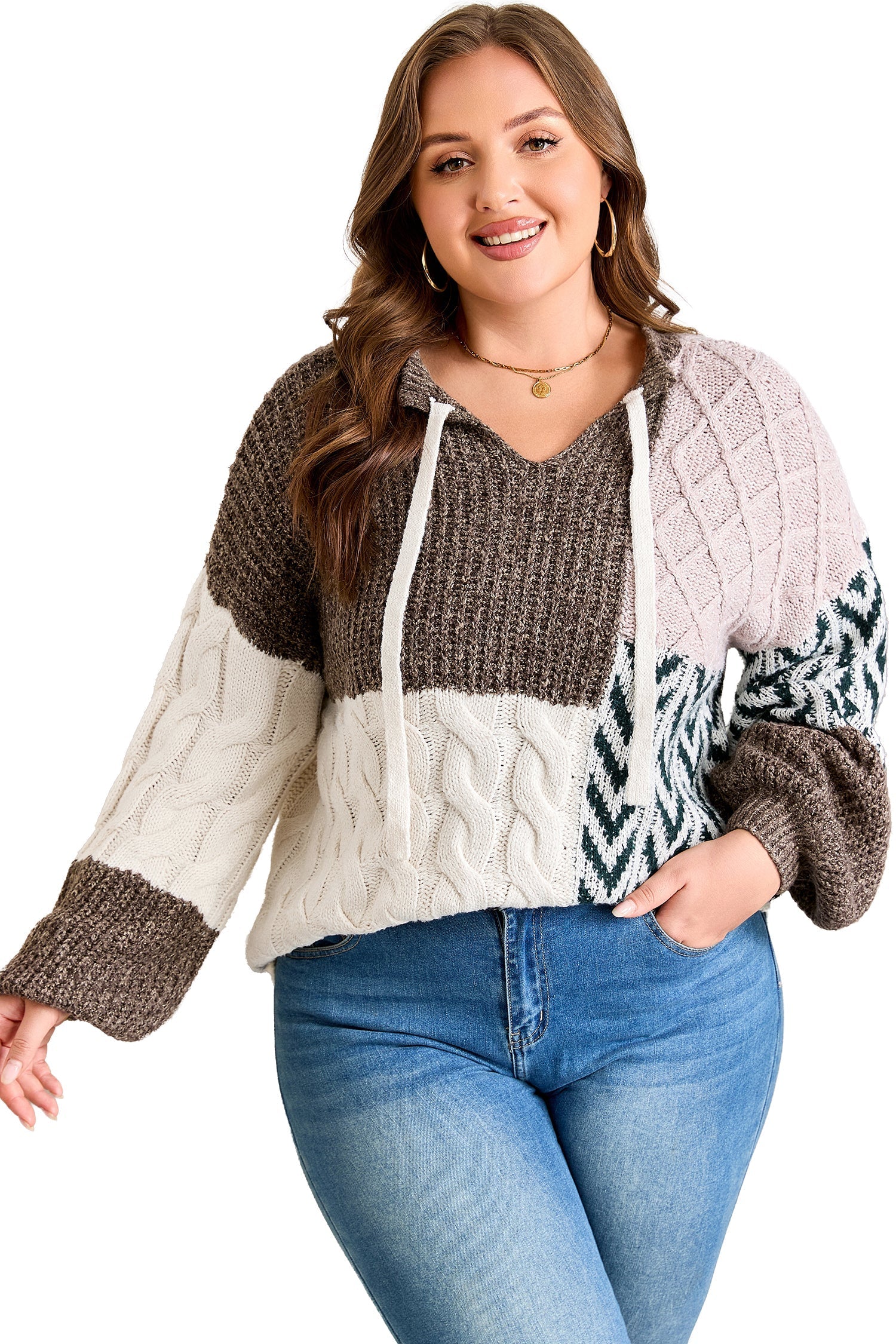 Brown Plus Size Color Block Patchwork Knotted Back Loose Fit Sweater Garden Naked Curves