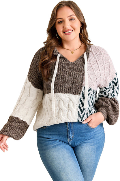 Brown Plus Size Color Block Patchwork Knotted Back Loose Fit Sweater Garden Naked Curves