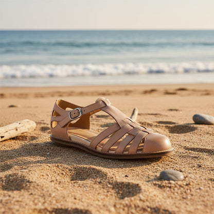 Women's Washed Full Grain Leather Fisherman Sandals – Closed-Toe Woven T-Strap FitiqueFit