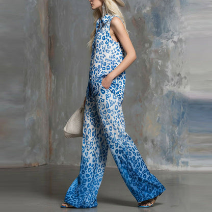Loose-fit Leopard-print Sleeveless Shirt And Trousers Two-piece Set FitiqueFit