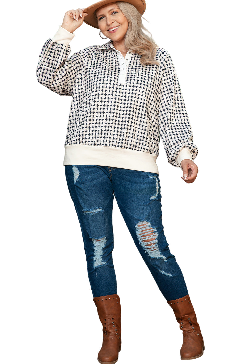 Black Plus Size Two Tone Contrast Collared Pullover Sweatshirt Garden Naked Curves